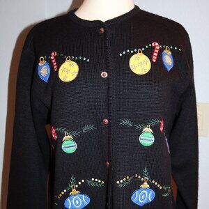 Croft & Barrow Womens Christmas Sweater Medium Black With Holiday Appliques
